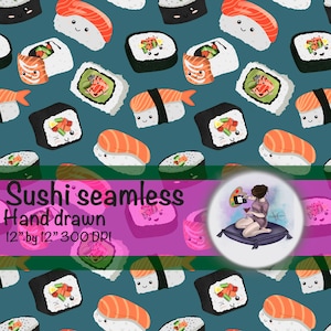 Cartoon cute face sushi seamless repeating pattern-commercial use-sushi pattern-cute sushi print-tumbler wrap-screen saver-wallpaper-fabric