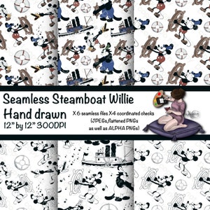seamless  BUNDLE Steamboat Willie  patterns, tumbler wraps, fabric design, jpeg, png,  alpha png, hand drawn vintage steamboat Willie