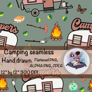Arquivo sem costura para acampamento em tom terroso - Glampers têm mais diversão - uso comercial - design de tecido de sublimação - papel digital - vida no acampamento