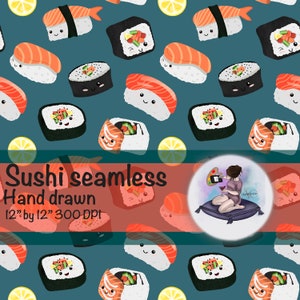 Könnte beinhalten: Ein nahtloses Muster mit niedlichen Cartoon-Sushi-Rollen mit lächelnden Gesichtern. Der Hintergrund ist in einem blaugrünen Farbton gehalten, mit Zitronenscheiben, die über das Muster verteilt sind. Das Muster ist 12 Zoll mal 12 Zoll groß und hat eine Auflösung von 300 DPI.