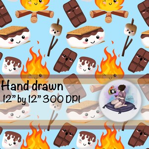 May include: A seamless pattern featuring a whimsical illustration of a campfire, chocolate bars, marshmallows, and s'mores, all with cute faces. The background is a light blue color.