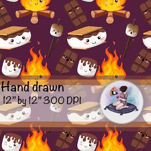 May include: A seamless pattern featuring a campfire, chocolate bars, marshmallows, and graham crackers, all with cute cartoon faces. The background is a deep purple color. The pattern is hand-drawn and measures 12 inches by 12 inches at 300 DPI.