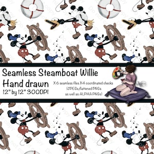 Steamboat Willie hand drawn seamless pattern, tiles, tumbler wrap, fabric design, wallpaper, digital prints, digital art, digital paper