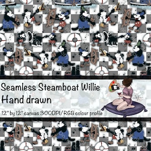 steamboat Willie seamless repeating pattern, hand drawn steamboat Willie PNG, tumbler wrap, fabric design, JPEG, PNG, tiles plus cords