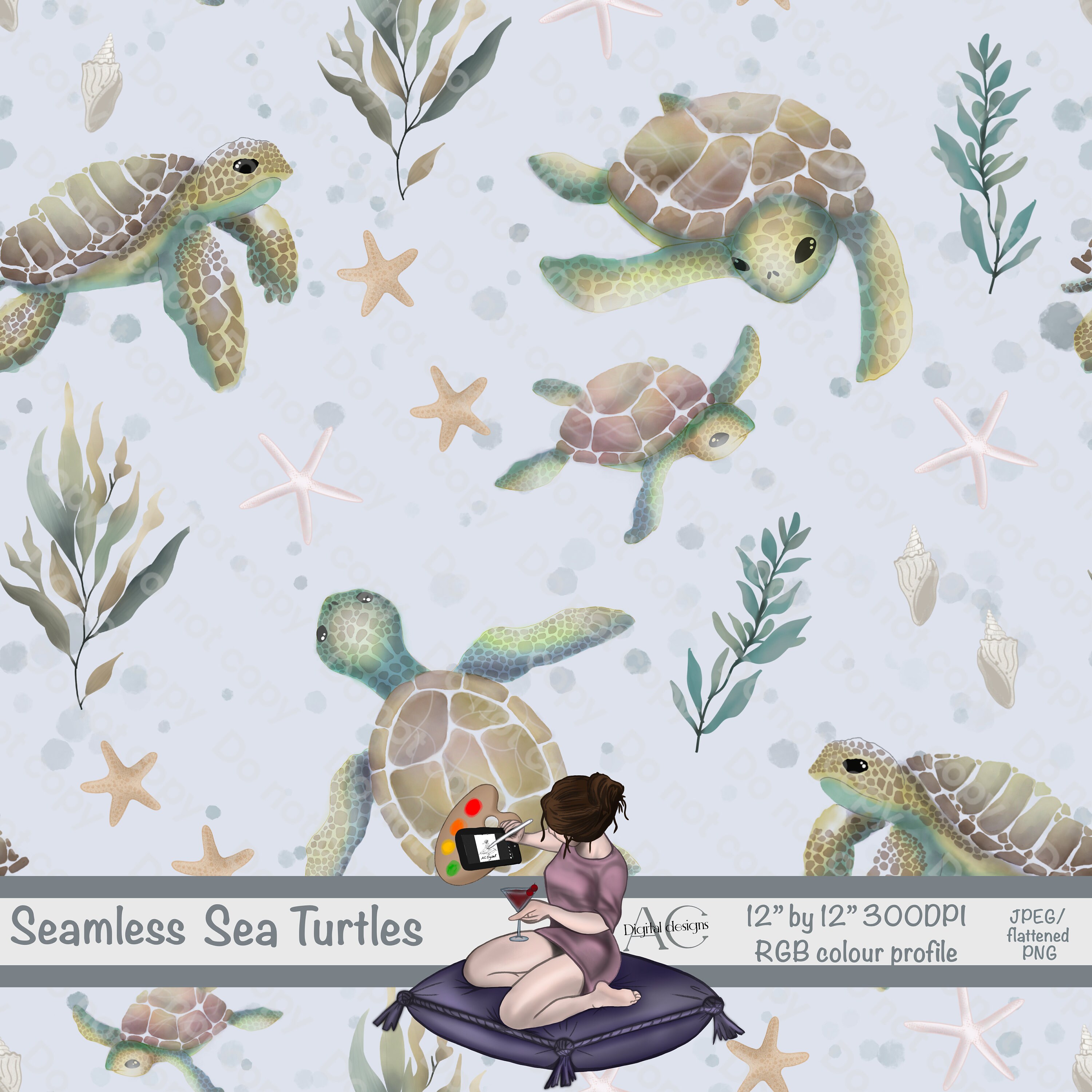 Seamless Ocean Sea Turtles Pattern, Water Colour, Digital Art, Repeat ...