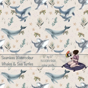 seamless water colour sea turtles & whales, seamless fabric design, baby whale, repeat tiles, repeat pattern, tumbler wrap, seamless. Beige