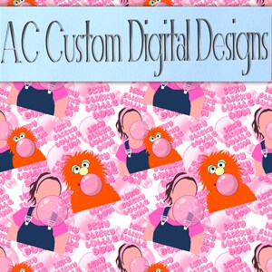 May include: A pink and white seamless pattern featuring a girl with pink bubble gum, a furry orange monster with pink bubble gum, and the text "Icky Sticky Bubble Gum".