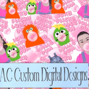 Ms Rachel two puppets icky sticky bubble gum, icky sticky bubble gum seamless pattern, icky sticky bubble gum repeating pattern