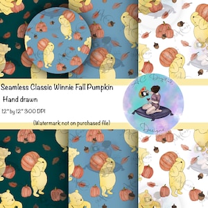 Hand drawn classic Winnie the Pooh fall pumpkin seamless pattern-classic Winnie the Pooh-fall pattern-pumpkin-tumbler wraps-wallpaper