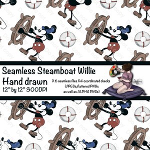 Steamboat Willie hand drawn seamless pattern, tumbler wrap, digital paper, wallpaper, scrapbooking, fabric design, vintage character