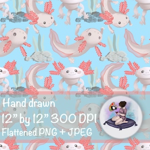 Axolotl seamless repeating pattern-cute-commercial use-wallpaper-screensaver-fabric design-sublimation-hand drawn digital pattern-option2