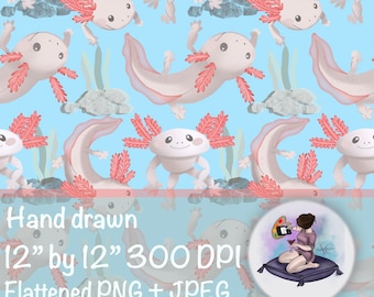 Axolotl nahtloses wiederholendes Muster-süß-kommerzielle Nutzung-Hintergrundbild-Bildschirmschoner-Stoffdesign-Sublimation-handgezeichnetes digitales Muster-Option2