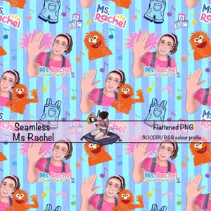 May include: A seamless pattern featuring a light blue background with white vertical stripes. The pattern includes a variety of colourful images, including a red and orange monster, a blue and white overall, a colourful alphabet block, musical notes, and a woman with a pink shirt and a red and orange monster. The text "Ms. Rachel" appears in the pattern.