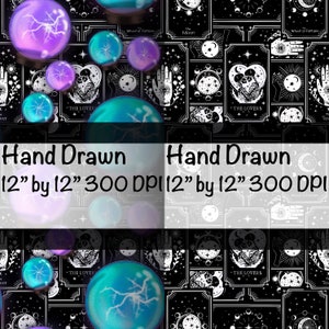 May include: A digital seamless pattern featuring a black background with white tarot cards and purple and blue crystal balls. The tarot cards feature various symbols and the text "The Lovers". The pattern is hand-drawn and measures 12 inches by 12 inches at 300 DPI.