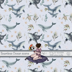 May include: A seamless pattern featuring a light blue background with whales, sea turtles, starfish, and seaweed. A woman is sitting on a purple cushion, holding a paintbrush and a glass of wine. The text "Seamless Ocean scene" is at the bottom of the image.
