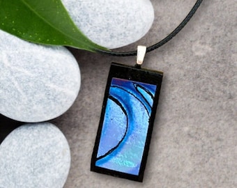 Modern Dichroic Fused Glass Pendant in Shades of Blue