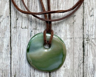 Organic Unisex Fused Glass Pendant Earthy Green