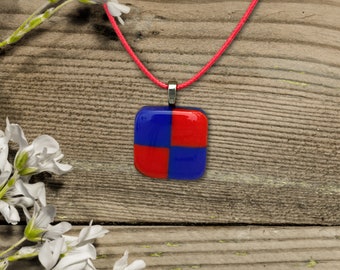 Red and Bright Blue Fused Glass Pendant