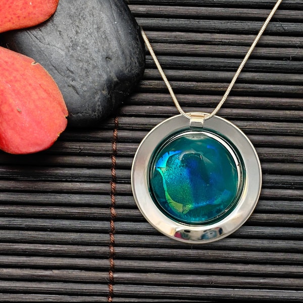 Shimmering Aqua Blue Dichroic Fused Glass Cabochon Pendant