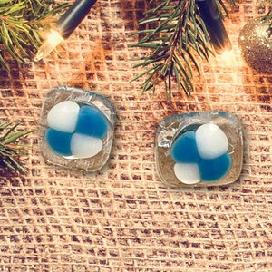 Floating Blue and White Dots Wintery Fused Glass Post Earrings