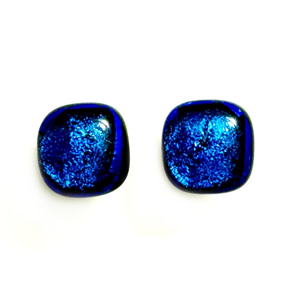 Brilliant Sparkling Blue Dichroic Fused Glass Post Earrings