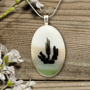Desert Cactus Oval Fused Glass Pendant