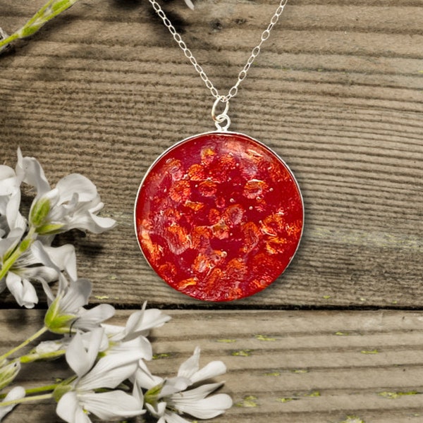 Fiery Red Sparkles in Sterling Silver Frame Dichroic Fused Glass Pendant