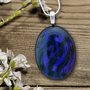 Oval Dark Purple and Black Dichroic Fused Glass Pendant