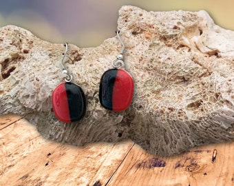 Red and Black Fused Glass Dangle Earrings