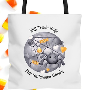 Spider Hug Halloween Trick or Treat Bag | White/Natural Tote, Halloween Candy, Trick or Treat Fun