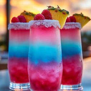 May include: Three tall glasses filled with a layered red, white, and blue frozen beverage. Each glass features a sugar-rimmed edge, topped with fresh red raspberries and a triangular slice of yellow pineapple, creating a vibrant, colorful drink.