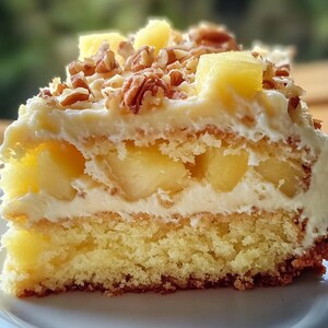 May include: A slice of pineapple cake with white frosting and pecans on top. The cake is layered with pineapple chunks and a white cream filling.