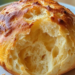 Puede incluir: Primer plano de un panecillo recién horneado con una corteza suave de color marrón dorado. El pan se ha rasgado parcialmente, revelando un interior esponjoso y aireado.