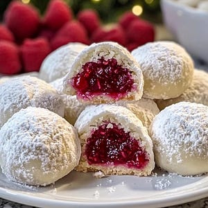 May include: A pile of round, white, powdered sugar-coated cookies on a white plate. Two cookies are halved, revealing a bright red, translucent raspberry jam filling inside. The cookies have a crumbly texture and are dusted with white sugar.