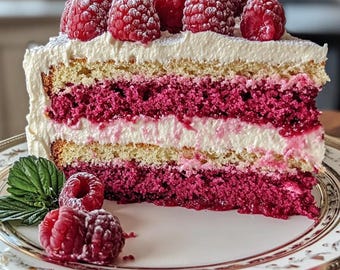 May include: A slice of cake with white icing and raspberry filling, topped with fresh raspberries. The cake is on a white plate with a gold rim.