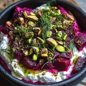 Puede incluir: Un bol de yogur blanco cremoso cubierto con dados de remolacha roja, pistachos picados y eneldo fresco.