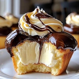 Può includere: Un cupcake ricoperto di cioccolato con un morso tolto, che rivela una farcitura bianca alla vaniglia. Il cupcake è sormontato da un vortice di glassa bianca e cosparso di cioccolato.
