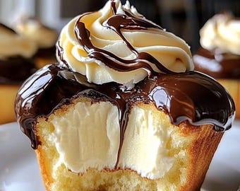 Puede incluir: Un cupcake cubierto de chocolate con un bocado sacado, revelando un relleno blanco de vainilla. El cupcake está cubierto con un remolino de glaseado blanco y rociado con chocolate.