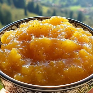 May include: A close-up of a bowl of smooth, golden-brown applesauce. The applesauce is thick and creamy, with a slightly glossy finish. The bowl is decorated with a black and white pattern.