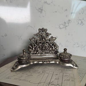 Antique Victorian Double Inkwell Stand | Ornate Silverplate Desk Set with Original Ink Pots | Rococo Cherub Writing Desk | Gothic Library