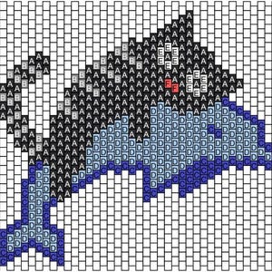 Könnte beinhalten: Ein pixeliges Delfin-Design in einem Rastermuster. Der Delfin ist hauptsächlich blau und schwarz, mit einem roten Akzent. Das Design besteht aus verschiedenen Buchstabenblöcken, die einen mosaikartigen Effekt erzeugen. Das Thema ist Meeresleben.