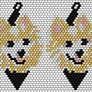May include: Two yellow and white bead-woven earrings shaped like cartoon foxes with black bead accents. The earrings are hanging from black bead loops.