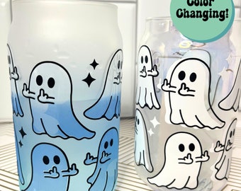 Middle Finger Ghost Color Changing Beer Can Glass | Ghost Cup | Halloween Iced Coffee Glass | Glass Iced Coffee Cup Lid and Straw