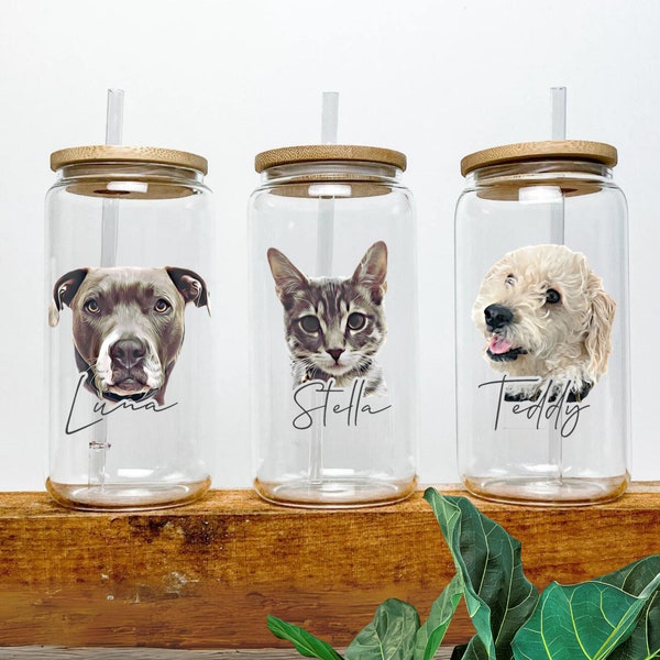 Personalized Pet Glass with Bamboo Lid, Custom Pet Portrait, Custom Dog Mug, Custom Pet Gifts, Dog Lover Gift, Pet Portrait Glass Cup