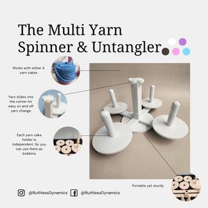 Multi Yarn Spinner for Crochet / Knitting – 4 Cake Holder with Removable Bobbins – 3D Printed Yarn Organizer & Untangler – Ruthless Dynamics