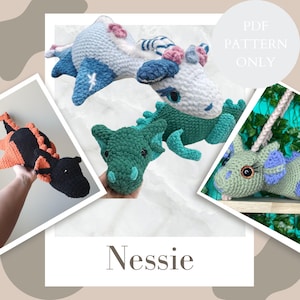 Könnte beinhalten: Nur PDF-Muster zum Häkeln von drei Plüschtieren: einem grünen Drachen, einem blau-weißen Einhorn und einem hellgrünen und violetten Nessie. Das Muster ist zum Kauf erhältlich.