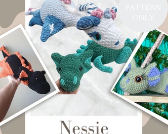 Könnte beinhalten: Nur PDF-Muster zum Häkeln von drei Plüschtieren: einem grünen Drachen, einem blau-weißen Einhorn und einem hellgrünen und violetten Nessie. Das Muster ist zum Kauf erhältlich.