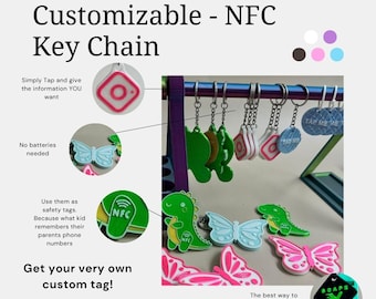 May include: A selection of customizable NFC keychains in the shape of butterflies and dinosaurs. The keychains are in shades of pink, green, and blue. The image includes the text "Customizable - NFC Key Chain". These keychains are designed to be used as safety tags.