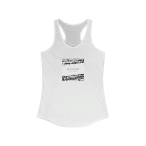 May include: White racerback tank top with a black and white graphic of tire treads and the text "MUDSLUT est. 2023".