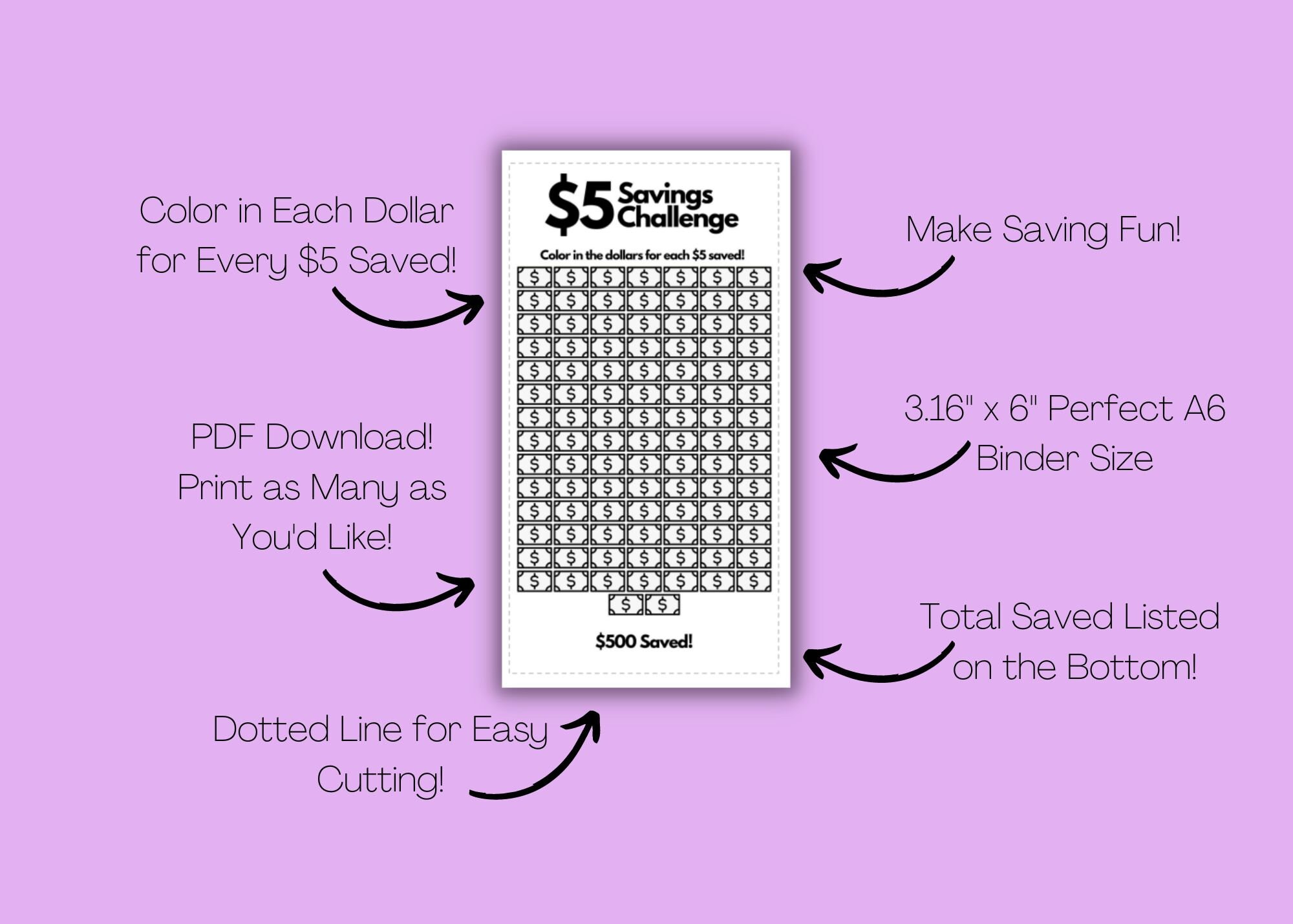 5 Dollar Savings Challenge Printable PDF A6 Binder Size Cash Budgeting ...